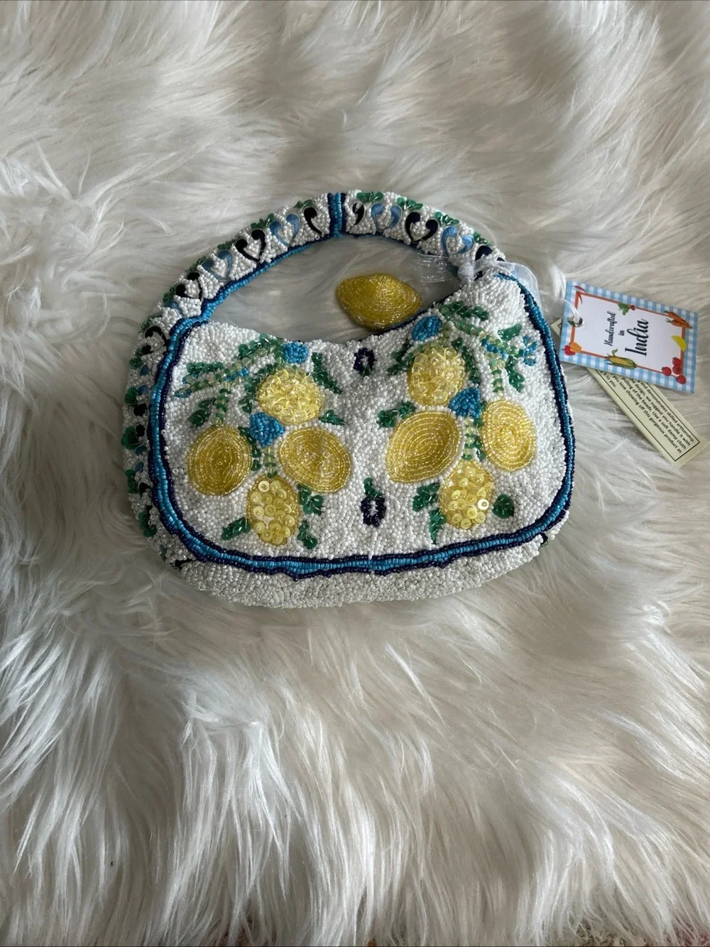 Beaded Lemon Motif Clutch in White and Yellow